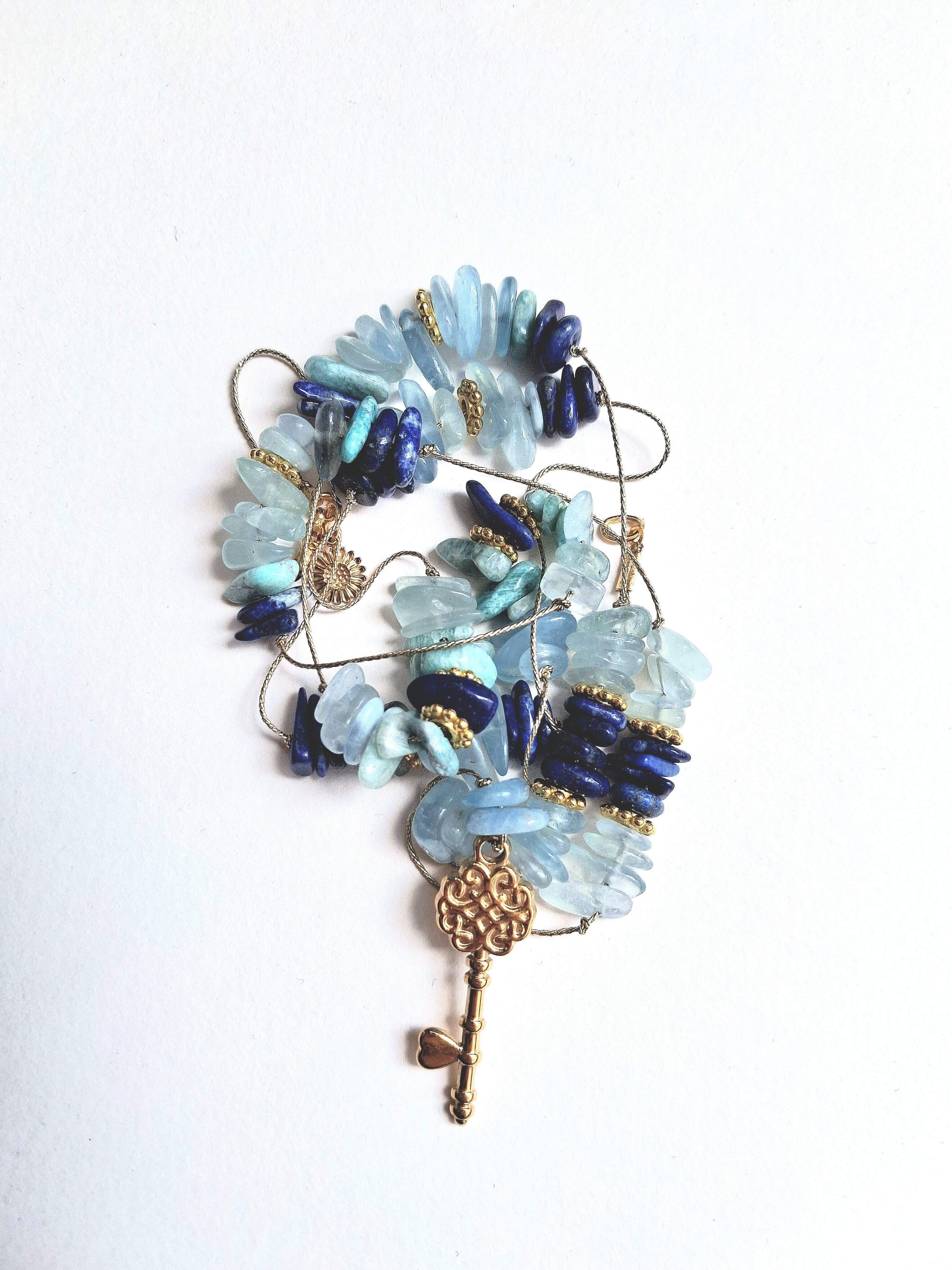 Collier signature aigue-marine clé (long)