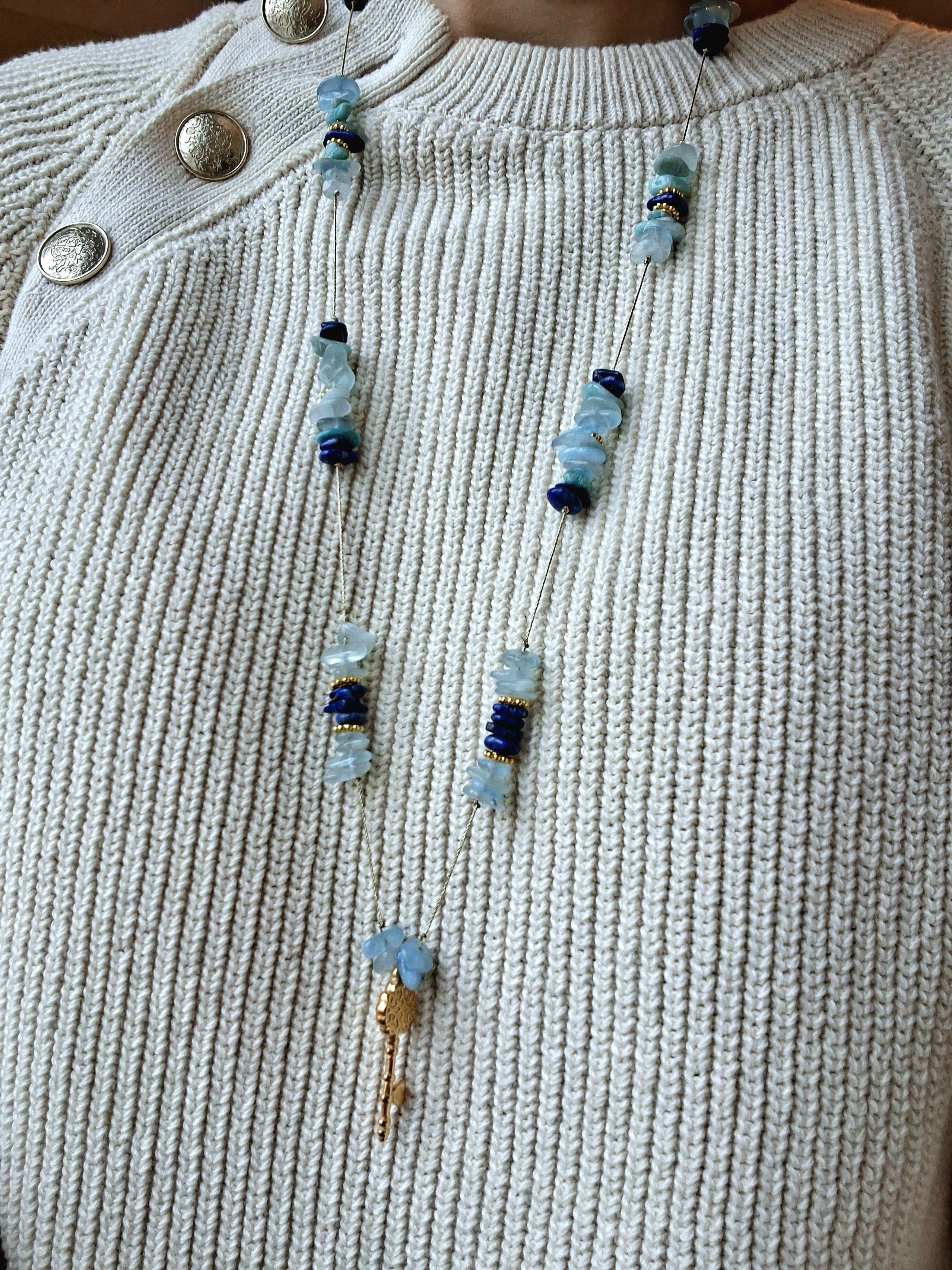 Collier signature aigue-marine clé (long)